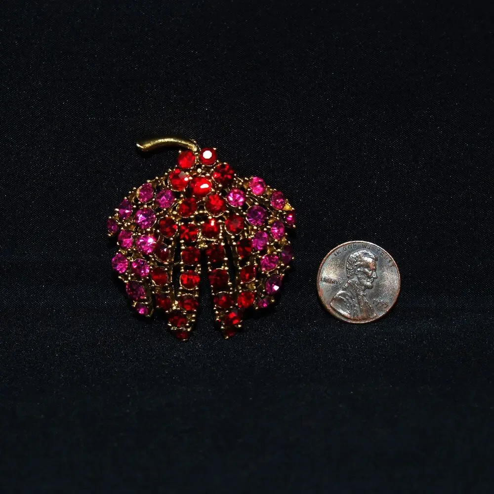 Vintage Floral Red Pink Rhinestone Brooch, Gold Tone, 1990s Jewelry